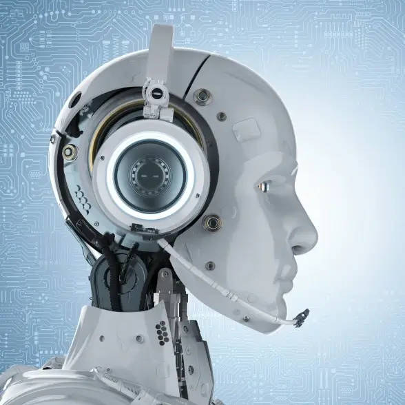 White humanoid robot head in profile against a circuit board background